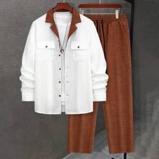 Checkered - Men Suits Shein Men Autumn Contrast Trim Single Breasted Collar Double Pocket Pants Set