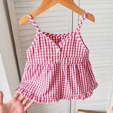 Girls - Red Tank Tops Shein Young Girl Woven Plaid Casual Tank Top
