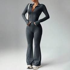 Grey - Women Suits Shein Women Solid Color Zip Front Jacket Flared Pants - Color