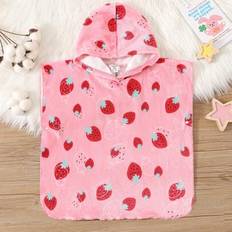 Shein Baby Girl Strawberry Pattern Hooded Cozy Flannel Bathrobe - Such As Bathroom