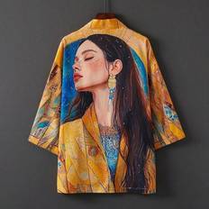 Women - Yellow Swimsuit Cover-Ups & Sarong Wraps Shein Oversized Retro Cartoon Character Print Open Front Kimono Cover Up Top - Lightweight