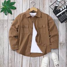 Brown Shirts Shein Tween Boy Casual Everyday Solid Color Button Front Pocket Denim Shirt - Brown