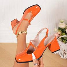 Orange - Women Heels & Pumps Shein Fashion T-Strap Open Back Chunky Heel Pumps - Glossy Leather