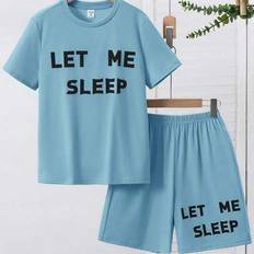 Solid Colours Pyjamases Shein Tween Boy Casual Letter Graphic Neck Short Set - Multicolor