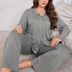 Grey - Unisex Sleepwear Shein Soft Comfortable Button Down Cardigan Pajama Set