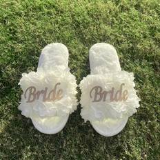 Open Toe Slippers Temu Bride Wedding Open Toe Fuzzy Slippers - White
