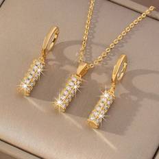 Copper Jewellery Sets Temu Luxury Synthetic Zirconia Copper Cylinder Pendant Set - Multicolor