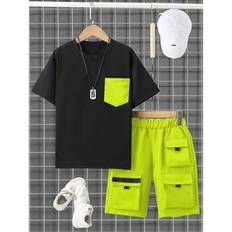 Boys - Yellow Other Sets Shein Boys Casual Short Sleeve Pocket Shorts Set