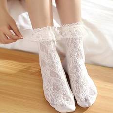 Lace Socks Shein Lace Mid-Calf Socks Floral Trim Stretchy Hollow Net Pattern - Lolita