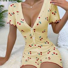 Yellow Sleepwear Shein Cherry Print Lettuce Trim Button Front Sleep Romper