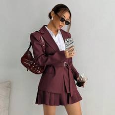 Pleats Suits Shein Solid Color Loose Waistband Blazer A-Line Skirt Suit Set