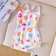 Florals Jumpsuits Children's Clothing Shein Girls Cute Cartoon Multicolored Floral Print Jumpsuit - White