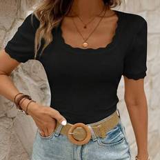 Lace T-shirts Shein Scallop Lace Sleeve Decor Skinny Fit Tee