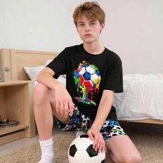 Black Pyjamases Shein Pajama Set Glow-In-The-Dark Football Print Short Sleeve Top - Minimalist Design
