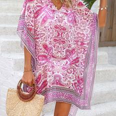 Purple - Women Swimsuit Cover-Ups & Sarong Wraps Temu Elegant V-neck Paisley Print Batwing Dress - Beach Swimming