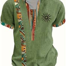 Men - V-Neck Blouses Temu Ethnic Style V-Neck Short Sleeve Blouse - Green