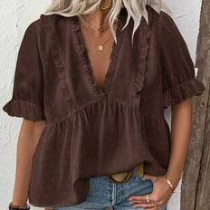 Shein 3D Laser Cut V-Neck Puff Sleeve Blouse