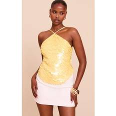 Sequins Tank Tops PrettyLittleThing Premium Large Shell Sequin Halterneck Top - Lemon