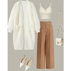 White Cardigans Shein Teen Girls Casual Knitted Cardigan Long Sleeved Mid Length - White