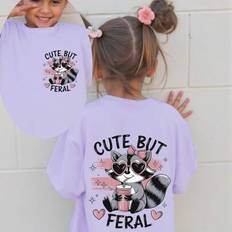 Purple Tops Shein Young Girl Comfortable Simple Raccoon T-Shirt - Spring/Summer