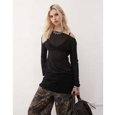 Off Shoulder Slouch Mini Dress Semi Sheer - Black