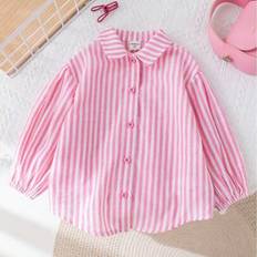 Pink Shirts Shein Young Girls Loose Fit Striped Collared Casual Shirt
