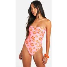 Pink - Sportswear Garment Swimwear boohoo Tropical Floral Ruched Bandeau Swimsuit - Pink