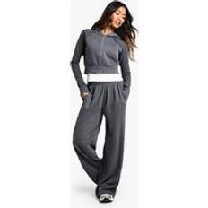 boohoo Waffle Insert Shrunken Zip Through Hoodie Straight Leg Jogger Set - Grey