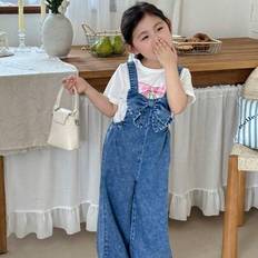 Shein Young Girls Three-Dimensional Bow Blue Denim Loose Jumpsuit - Blue