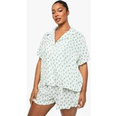Women Sleepwear boohoo Plus Palm Tree Print Seersucker Shirt Pyjama Short Set - Beige