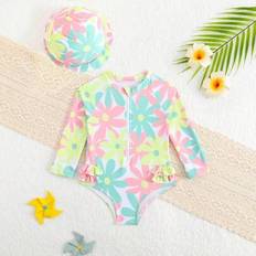 Florals UV Clothes Shein Baby Girls Beachwear Set Floral Print Knit Fabric Long Sleeve - Shorts