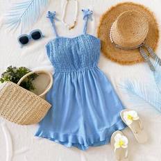 Shein Teen Girls Elegant Casual Vacation Jumpsuit Spaghetti Strap Fitted Solid Blue Woven Romper