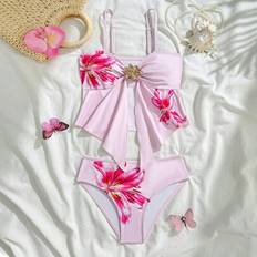 Florals Bikinis Children's Clothing Shein Girls Plus Size Spaghetti Strap Bikini Set - Pink
