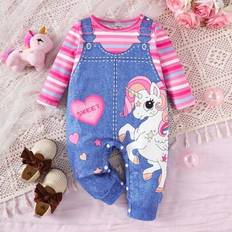 Stripes Jumpsuits Children's Clothing Shein Baby Girl Casual Denim Effect Print Striped Jumpsuit - Spring/Fall