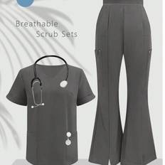 Work Clothing Sets Shein Solid Color V-Neck Short Sleeve Top Split Leg Long Pants - Top And Split Leg