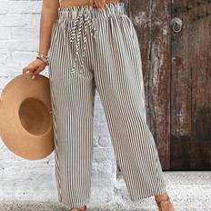 Fringes Trousers & Shorts Shein Plus Size Women Loose Casual Striped Pants With Tie Waist Ruffle Hem