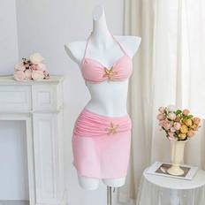 Shein Teen Girls 3 Pieces Set Solid Color Ruffle Halter Metal Starfish Decor
