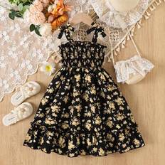 Shein Young Girl Floral Printed Suspender Dress Bowknot Ruffle Trim