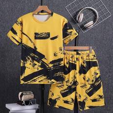 Boys - Yellow Other Sets Shein Boys Casual Graffiti Ink Print Outfit Set - Spring Summer