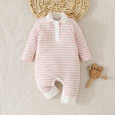 Shein Newborn Baby Girl Summer Romper Long Sleeve Pink Striped Collar Soft Jumpsuit - Pink