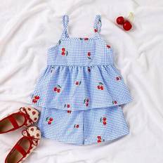 Checkered Other Sets Children's Clothing Shein Young Girl Plaid Cherry Print Camisole Top Shorts Set - For Outdoor
