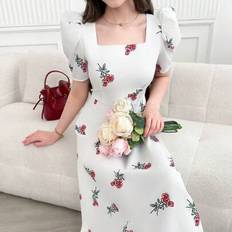 Shein Teen Girls Elegant Printed Square Neck Puff Sleeve - Teen