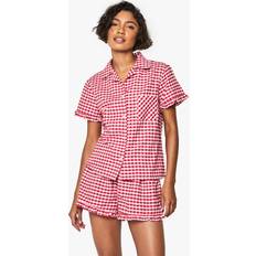 Red Pyjamas boohoo Tall Gingham Cotton Poplin Ruffle Short Pyjama Set - Red