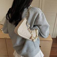 White - Women Beach Bags Shein Solid Color Straw Bag Faux Pearl Shell Pendant Metal Chain - For Women