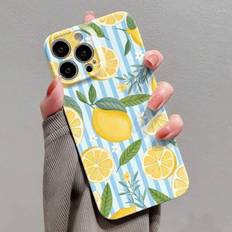 Shein Ins-Style Lemon Flower Leaf Pattern Glossy Perforated Phone Case for iPhone 11/12/13/14/15/16 Pro Max Multicolour