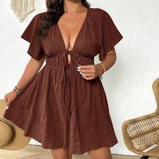 Brown - Wrap Dresses Shein Plus Size Casual Vacation Textured Ruffle Sleeve V-Neck Tied Waist Dress - For Women