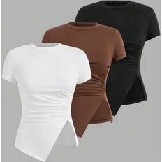 Pleats T-shirts Shein Plus Size Round Neck Pleated T-Shirt Set - 3pcs