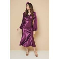 Wallis Satin Cowl Neck Midi Dress - Plum