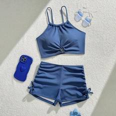 Blue Bikinis Children's Clothing Shein Teen Girl's Sweet Cute Spaghetti Strap Swimsuit