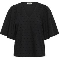 Wool Blouses Soaked in Luxury Sunela Short Sleeve V-Neck Cotton Blouse - Black